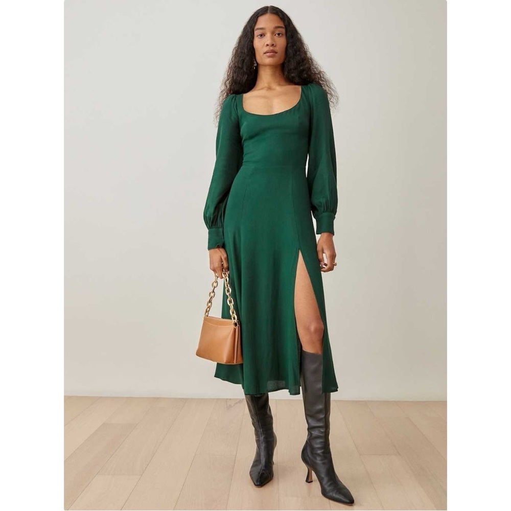 Reformation Alessi Dark Green Scoop Neck Long Sleeve Front Slit Maxi Dress sz 0